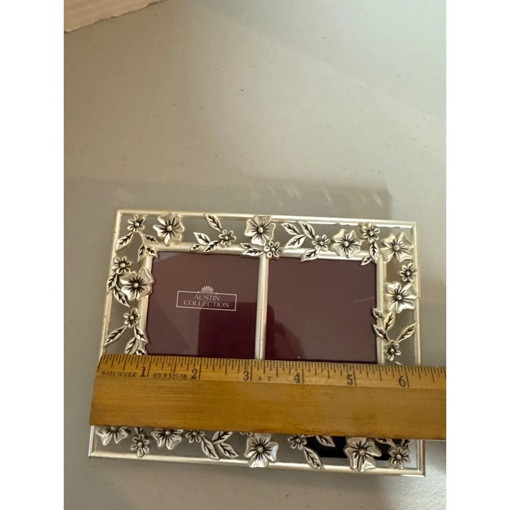 Austin Collection Silver Floral Double Picture Frame Ornate Metal 2 Opening 6x5